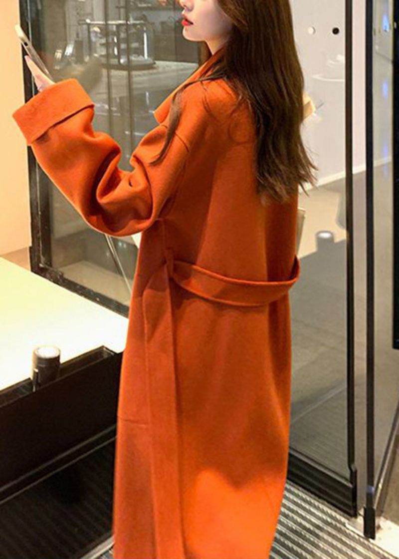 Kvinnor Orange Asymmetrisk Tie Midja Woolen Trench Fall - Ullrockar för kvinnor