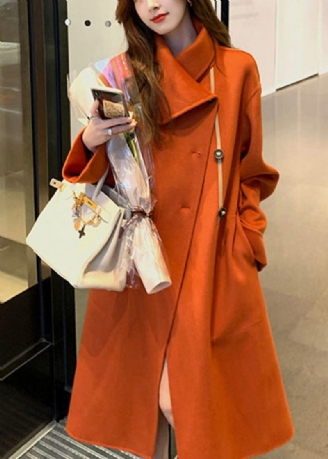 Kvinnor Orange Asymmetrisk Tie Midja Woolen Trench Fall