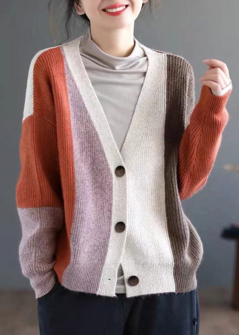 Kvinnor Orange Colorblock Knapp Patchwork Stickning Cardigan Fall