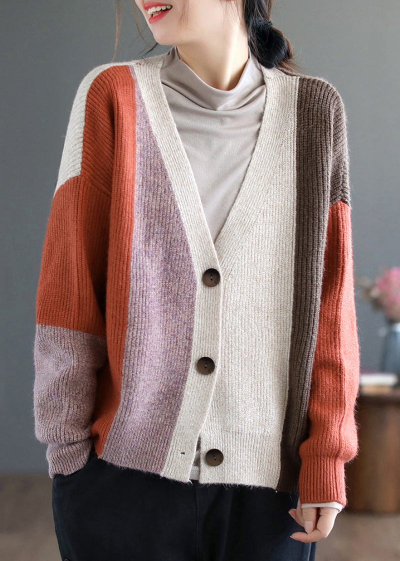 Kvinnor Orange Colorblock Knapp Patchwork Stickning Cardigan Fall - Koftor för kvinnor