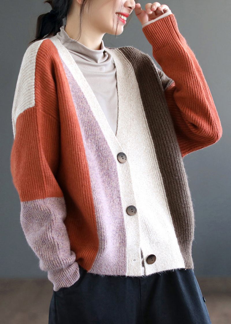 Kvinnor Orange Colorblock Knapp Patchwork Stickning Cardigan Fall - Koftor för kvinnor