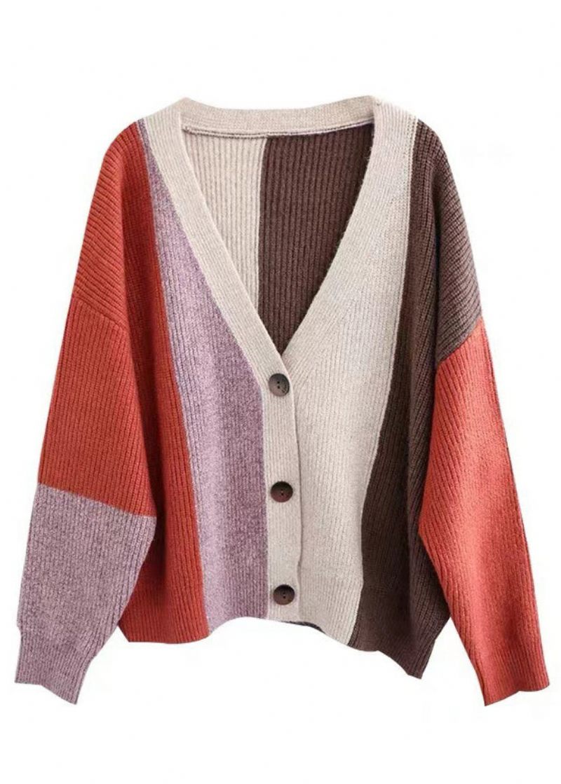 Kvinnor Orange Colorblock Knapp Patchwork Stickning Cardigan Fall - Koftor för kvinnor