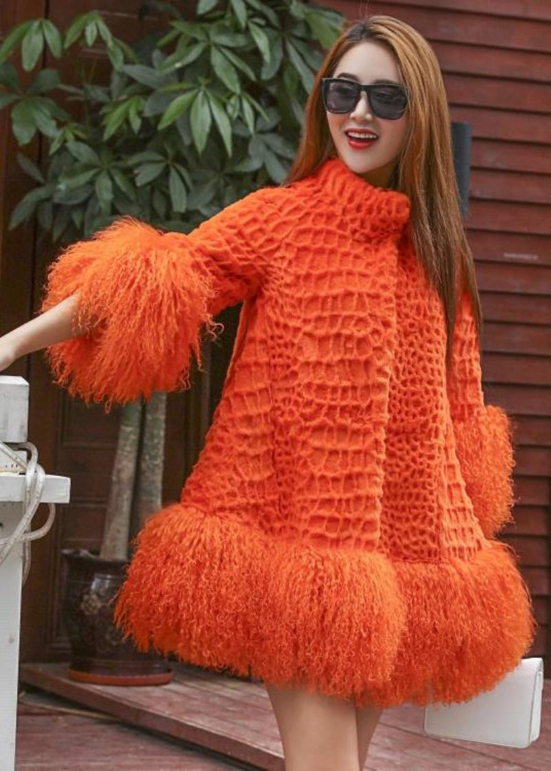 Kvinnor Orange Fluffy Patchwork Ullrock Vinter - Ullrockar för kvinnor