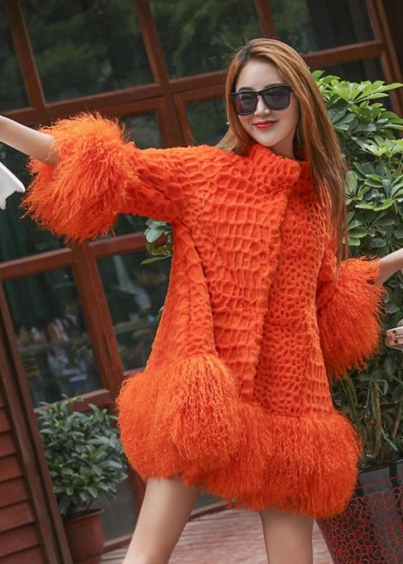 Kvinnor Orange Fluffy Patchwork Ullrock Vinter - Ullrockar för kvinnor