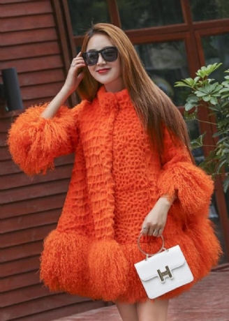 Kvinnor Orange Fluffy Patchwork Ullrock Vinter