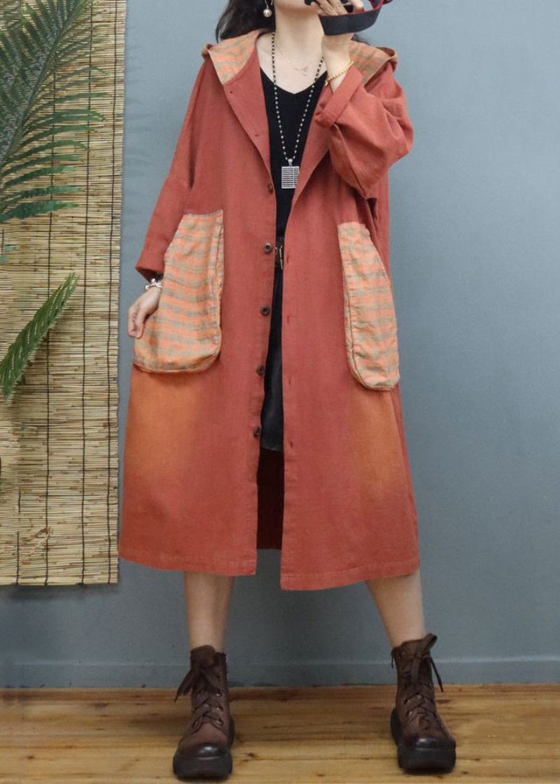 Kvinnor Orange Hooded Fickor Patchwork Cotton Coats Fall