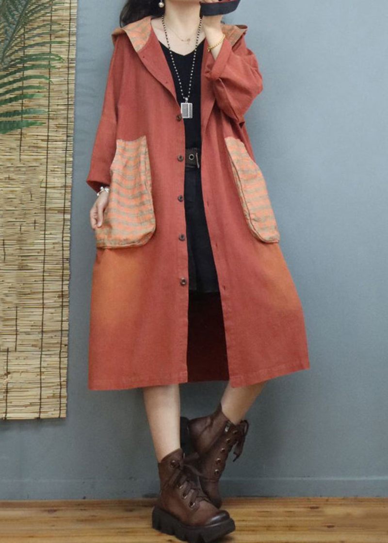 Kvinnor Orange Hooded Fickor Patchwork Cotton Coats Fall - Vinterkappor för kvinnor