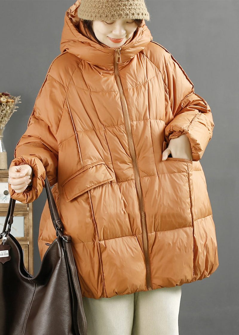 Kvinnor Orange Hooded Oversized Duck Dunjacka Vinter - Dunjackor för kvinnor