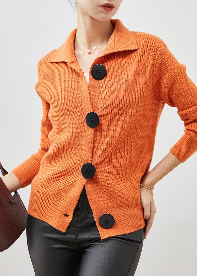 Kvinnor Orange Peter Pan Krage Button Down Sticka Cardigans Spring