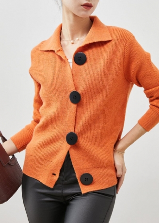 Kvinnor Orange Peter Pan Krage Button Down Sticka Cardigans Spring