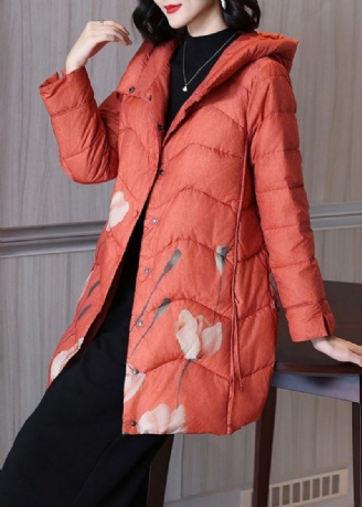 Kvinnor Orange Print Hooded Button Duck Down Parka Winter