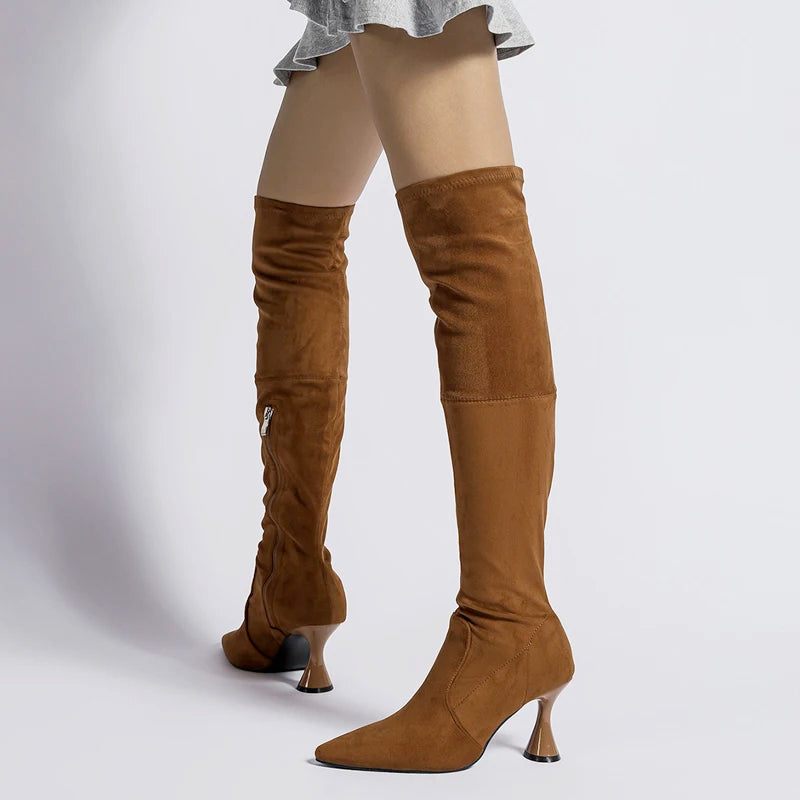 Kvinnor Over The Knee Boots Vinter Mocka Spetsad Tå Elastiska Slim High Heel - Brun