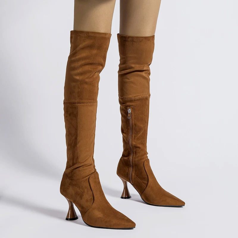 Kvinnor Over The Knee Boots Vinter Mocka Spetsad Tå Elastiska Slim High Heel - Brun