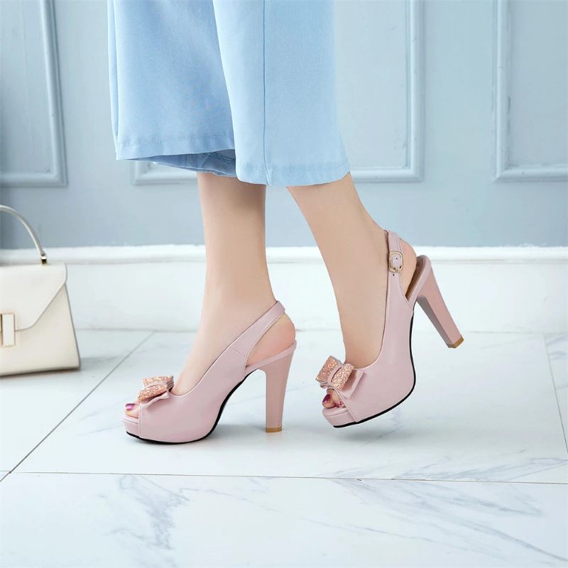 Kvinnor Plattform Höga Klackar Sommar Bow Peep Toe Damer Svart Brud Bröllop Skor Party Pumps - Rosa