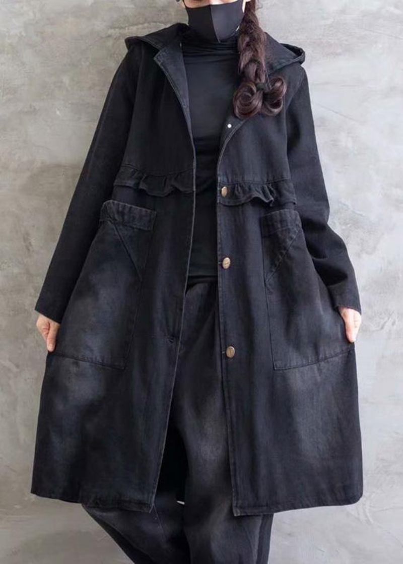 Kvinnor Plus Size Överrock Denim Svart Hooded Volanger Ytterkläder