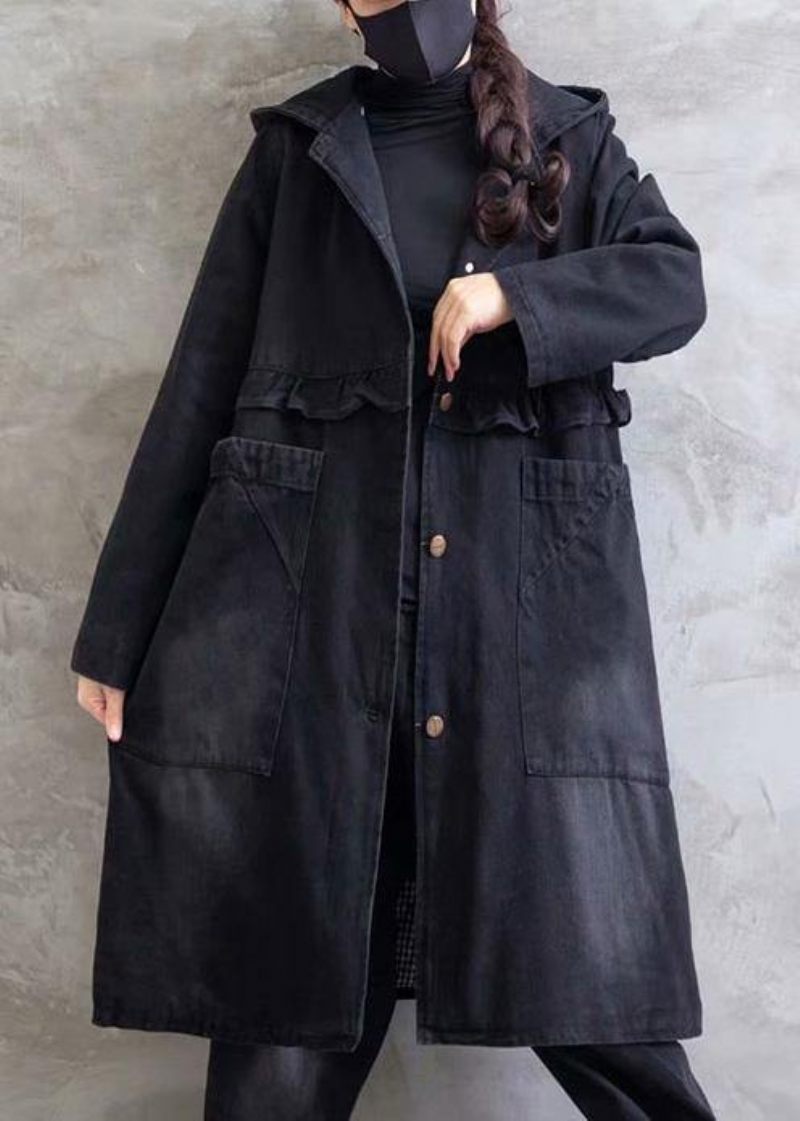 Kvinnor Plus Size Överrock Denim Svart Hooded Volanger Ytterkläder - Trenchcoats för kvinnor