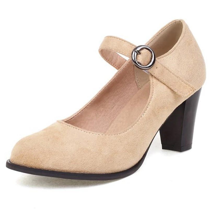 Kvinnor Pumps Runda Tå Block Klackar Flock Spänne Rem Elegant Solid - Beige