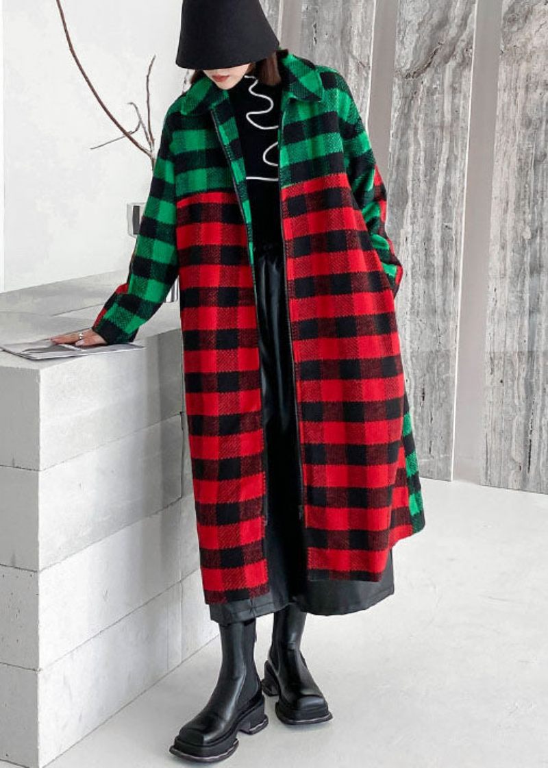 Kvinnor Röd Grön Pläd Peter Pan Krage Patchwork Woolen Trench Vinter - Trenchcoats för kvinnor