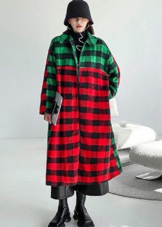 Kvinnor Röd Grön Pläd Peter Pan Krage Patchwork Woolen Trench Vinter