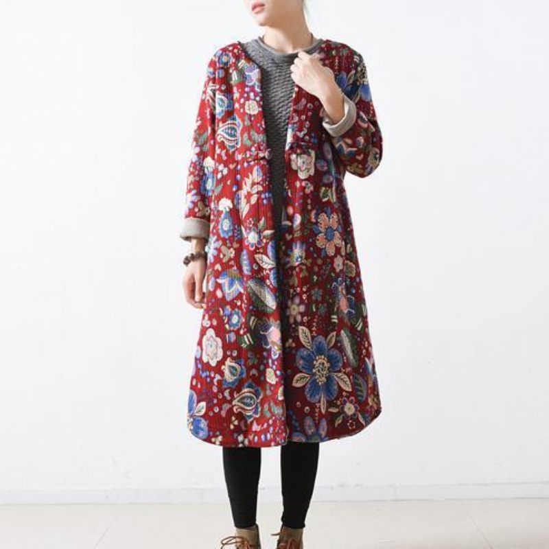 Kvinnor Röda Bomullsrockar Casual Maxi Coat Elegant Långa Kappor Blommig