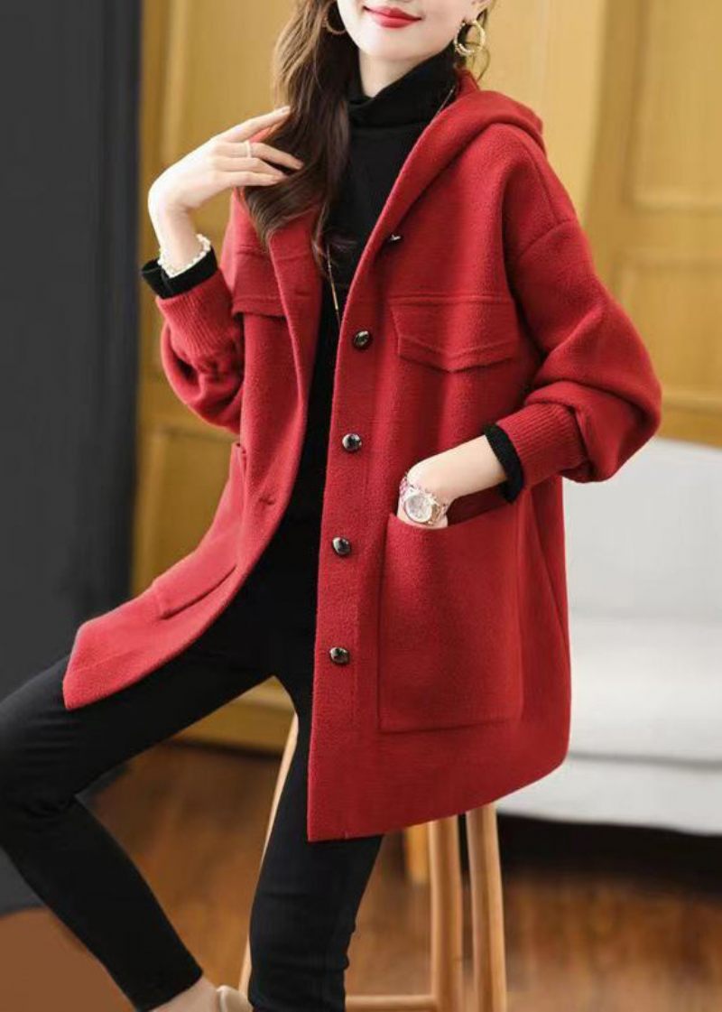 Kvinnor Röda Hooded Fickor Patchwork Woolen Coat Fall