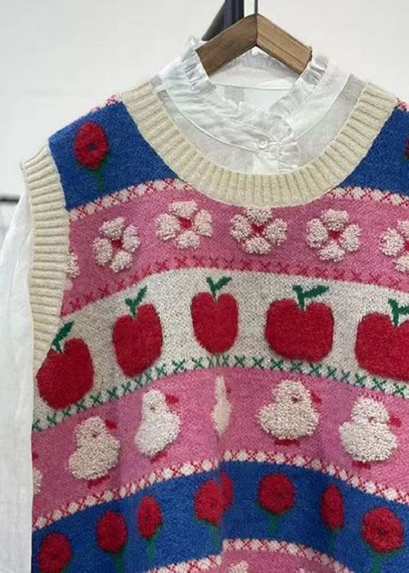 Kvinnor Rosa Broderat Patchwork Mysig Bomullstickad Väst Ärmlös - Koftor för kvinnor