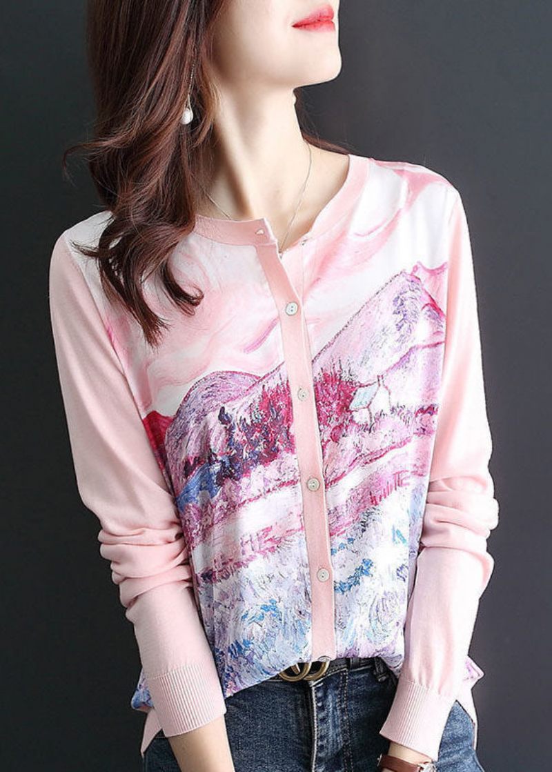 Kvinnor Rosa O-hals Patchwork Stickad Cardigan Spring