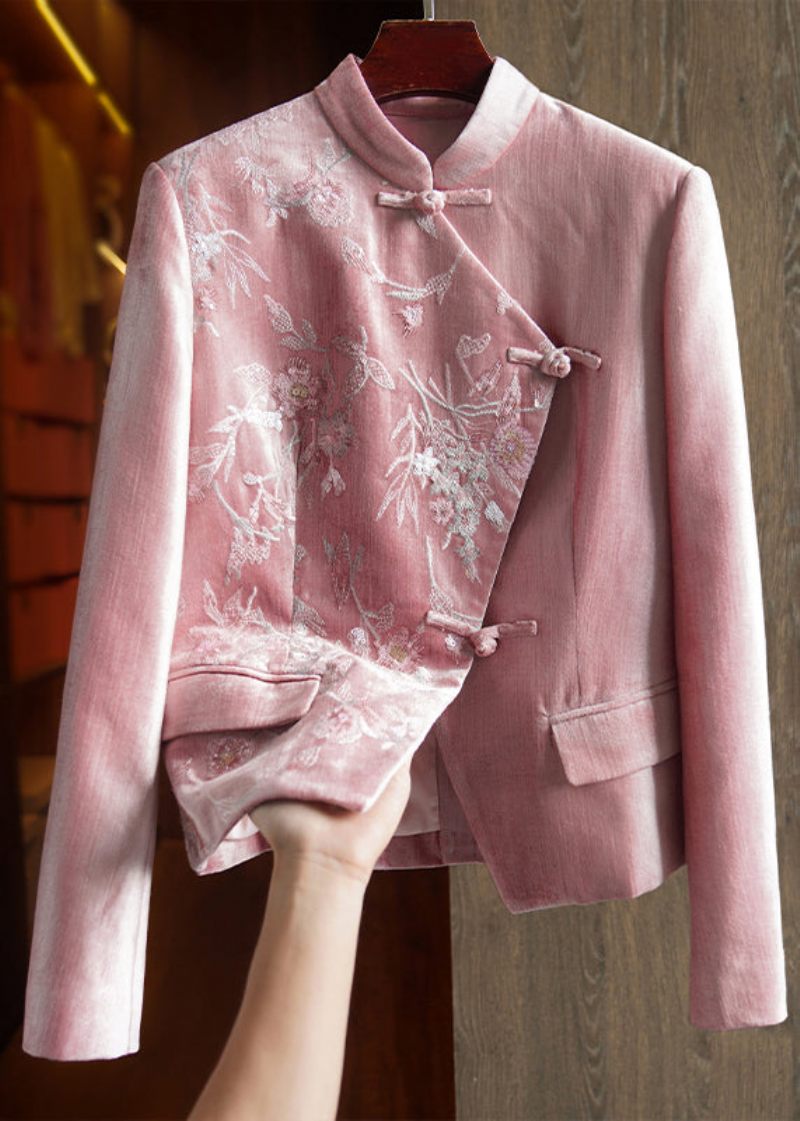 Kvinnor Rosa Stativ Krage Broderade Paljetter Patchwork Bomull Coat Fall