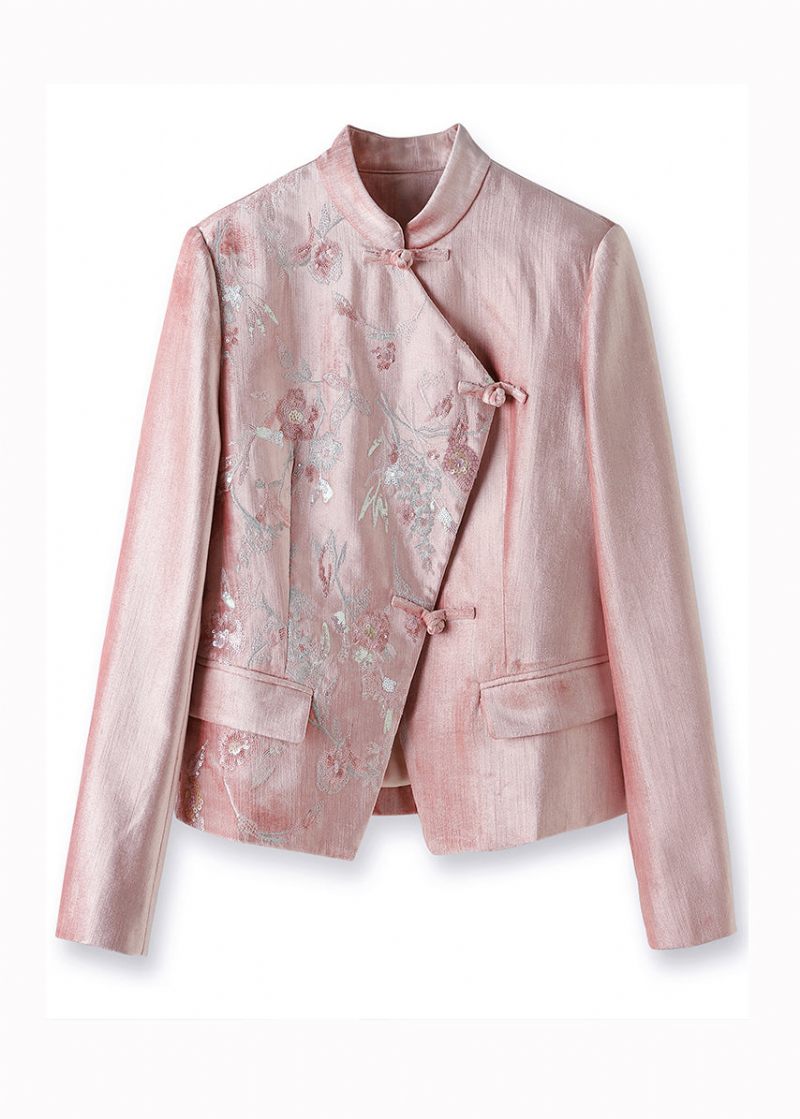 Kvinnor Rosa Stativ Krage Broderade Paljetter Patchwork Bomull Coat Fall - Vinterkappor för kvinnor