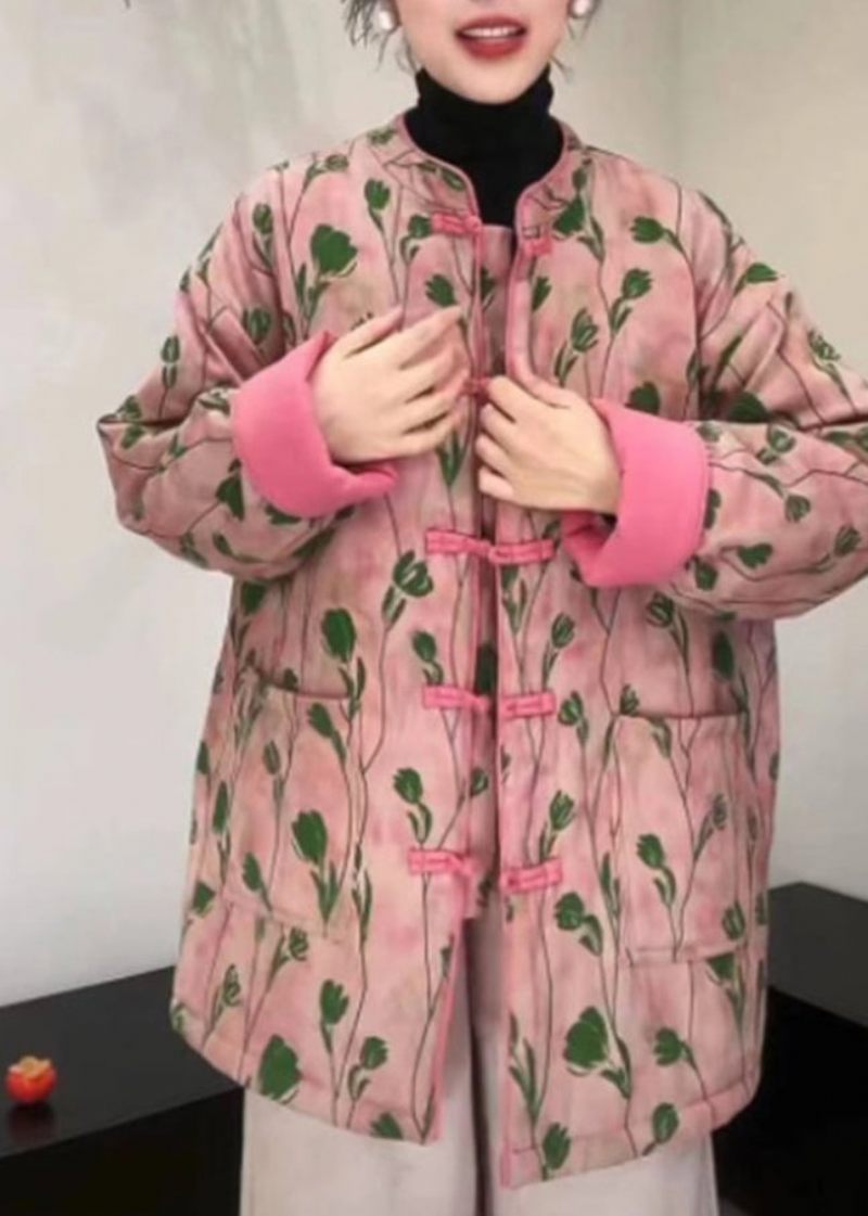 Kvinnor Rosa Stativ Krage Fickor Print Fine Cotton Fylld Coat Winter - Dunjackor för kvinnor