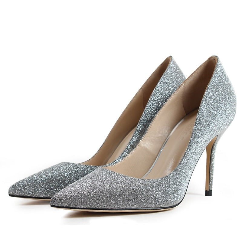 Kvinnor Silver Bröllop Pumps Solid Högklackat Dam Handgjorda Skor Spetsad Tå Satin Tunn Klack - 9 Cm - Blå