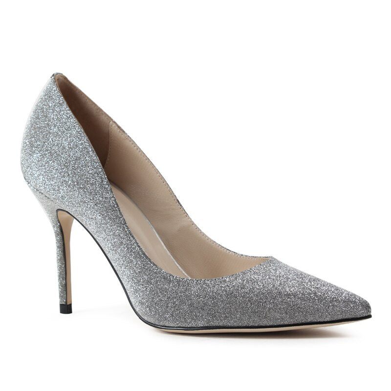 Kvinnor Silver Bröllop Pumps Solid Högklackat Dam Handgjorda Skor Spetsad Tå Satin Tunn Klack - 9 Cm - Blå