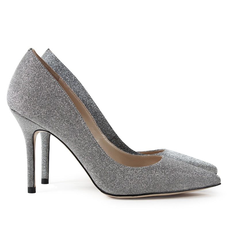 Kvinnor Silver Bröllop Pumps Solid Högklackat Dam Handgjorda Skor Spetsad Tå Satin Tunn Klack - 9 Cm - Blå