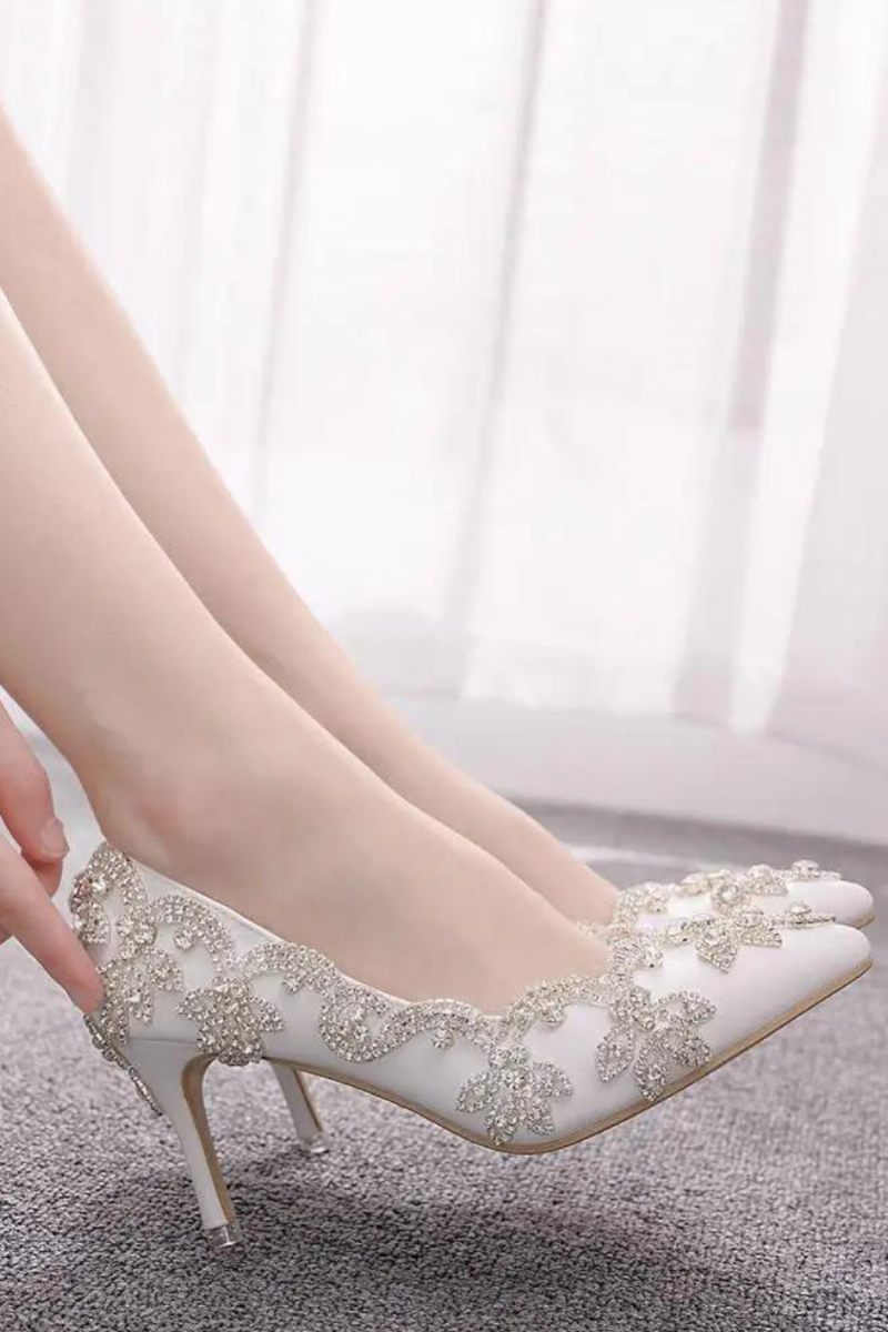 Kvinnor Skor Höga Klackar Bröllop Tunna 7cm Vit Diamant Glittrande Aftonklänning Bride Pumps