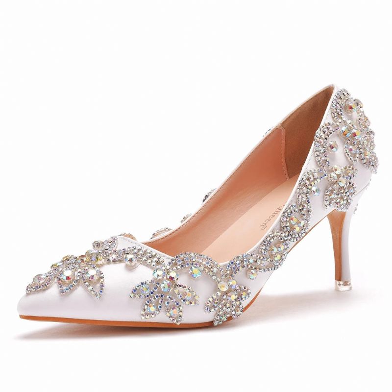 Kvinnor Skor Höga Klackar Bröllop Tunna 7cm Vit Diamant Glittrande Aftonklänning Bride Pumps - Vit