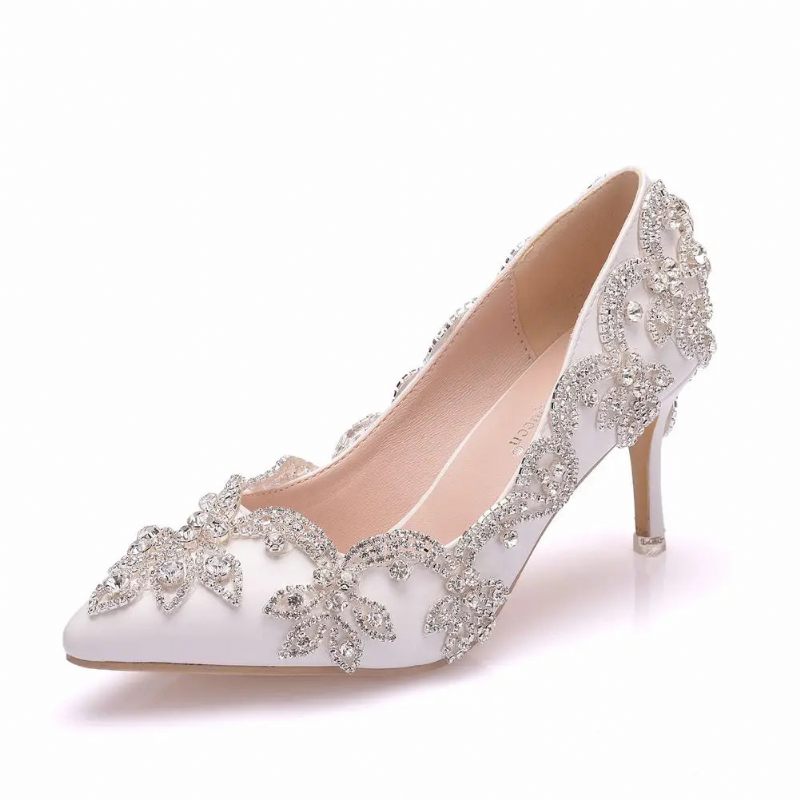 Kvinnor Skor Höga Klackar Bröllop Tunna 7cm Vit Diamant Glittrande Aftonklänning Bride Pumps - Vit