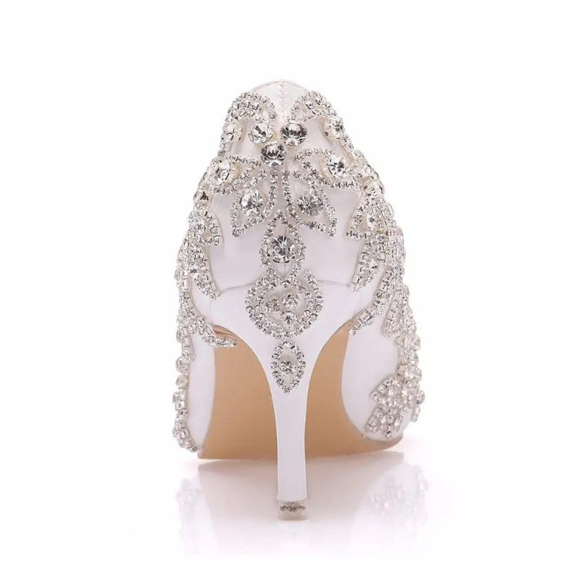 Kvinnor Skor Höga Klackar Bröllop Tunna 7cm Vit Diamant Glittrande Aftonklänning Bride Pumps - Vit