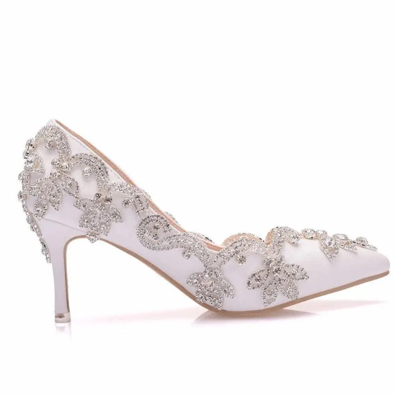 Kvinnor Skor Höga Klackar Bröllop Tunna 7cm Vit Diamant Glittrande Aftonklänning Bride Pumps - Vit