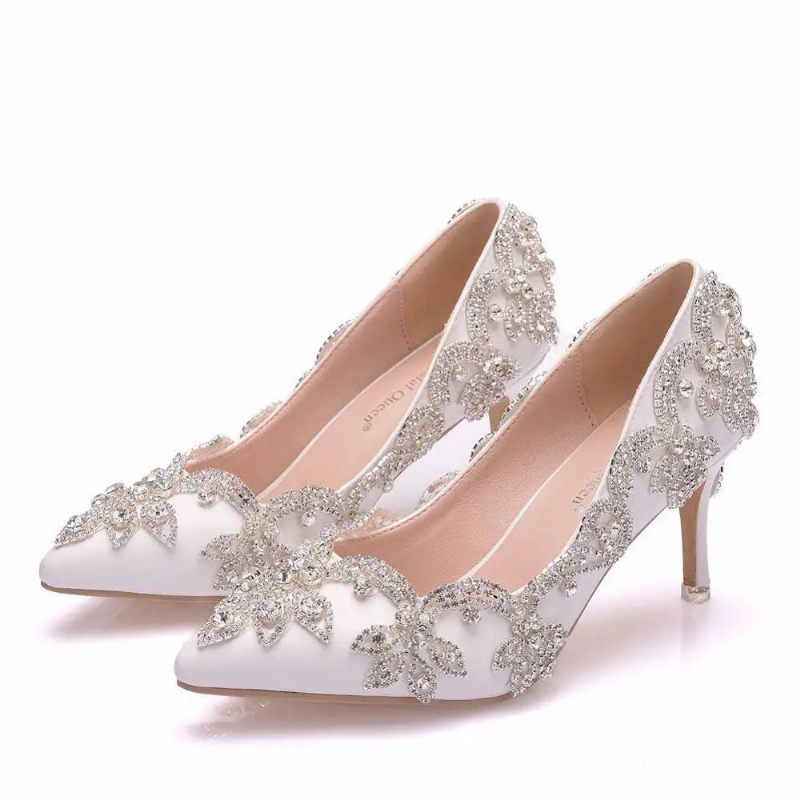 Kvinnor Skor Höga Klackar Bröllop Tunna 7cm Vit Diamant Glittrande Aftonklänning Bride Pumps - Vit