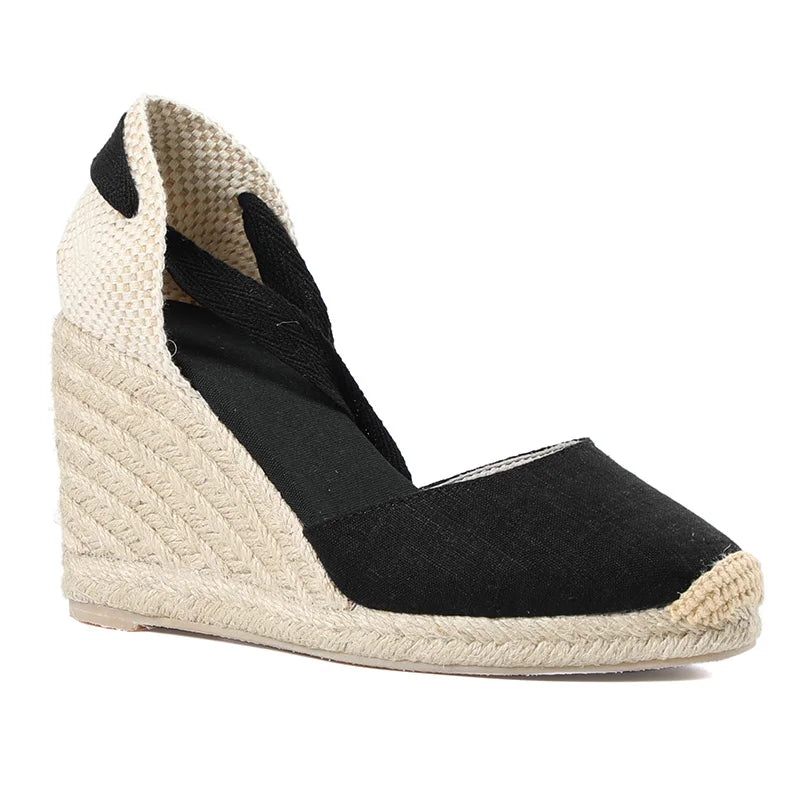 Kvinnor Sommar Espadrille Klack Sandaler Stängd Tå Sko Korsbunden Snörning - 9Cm Svart