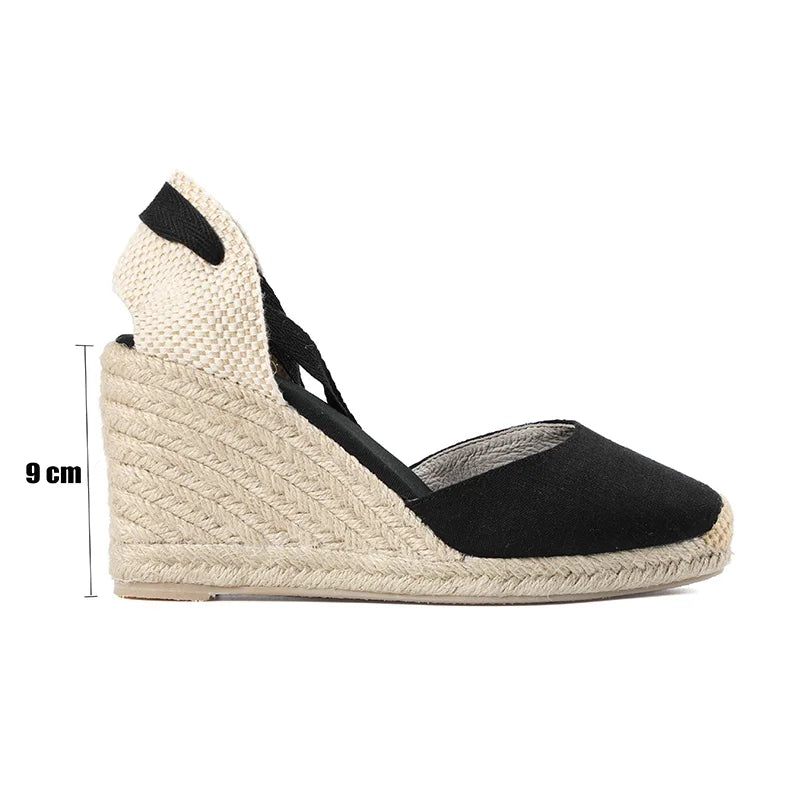 Kvinnor Sommar Espadrille Klack Sandaler Stängd Tå Sko Korsbunden Snörning - 9Cm Svart