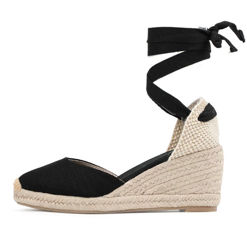 Kvinnor Sommar Espadrille Klack Sandaler Stängd Tå Sko Korsbunden Snörning - 9Cm Svart