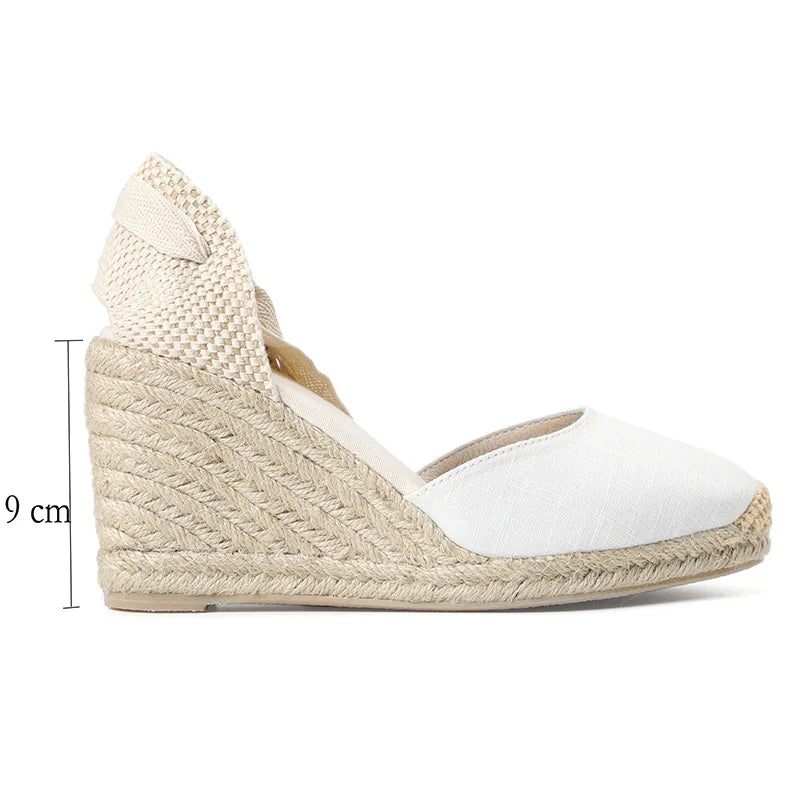 Kvinnor Sommar Espadrille Klack Sandaler Stängd Tå Sko Korsbunden Snörning - 9Cm Svart