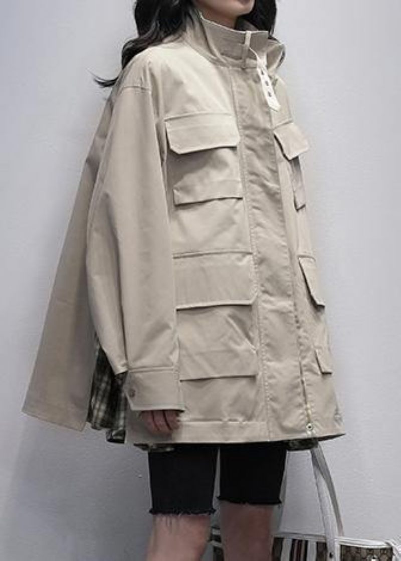 Kvinnor Står Krage Fickor Casual Kappor Khaki Patchwork Rutiga Jackor - Trenchcoats för kvinnor