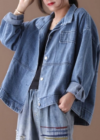 Kvinnor Står Krage Fina Casual Kappor Denim Blå