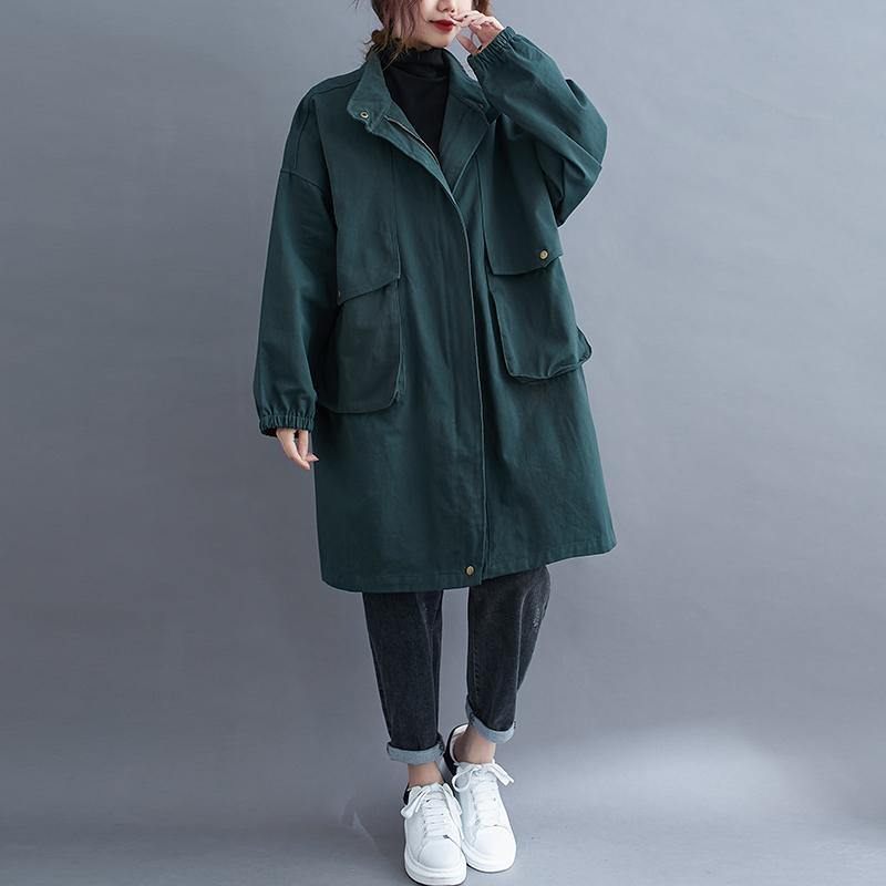 Kvinnor Står Krage Stora Fickor Plus Size Maxi Coat Grön Midi - Svart