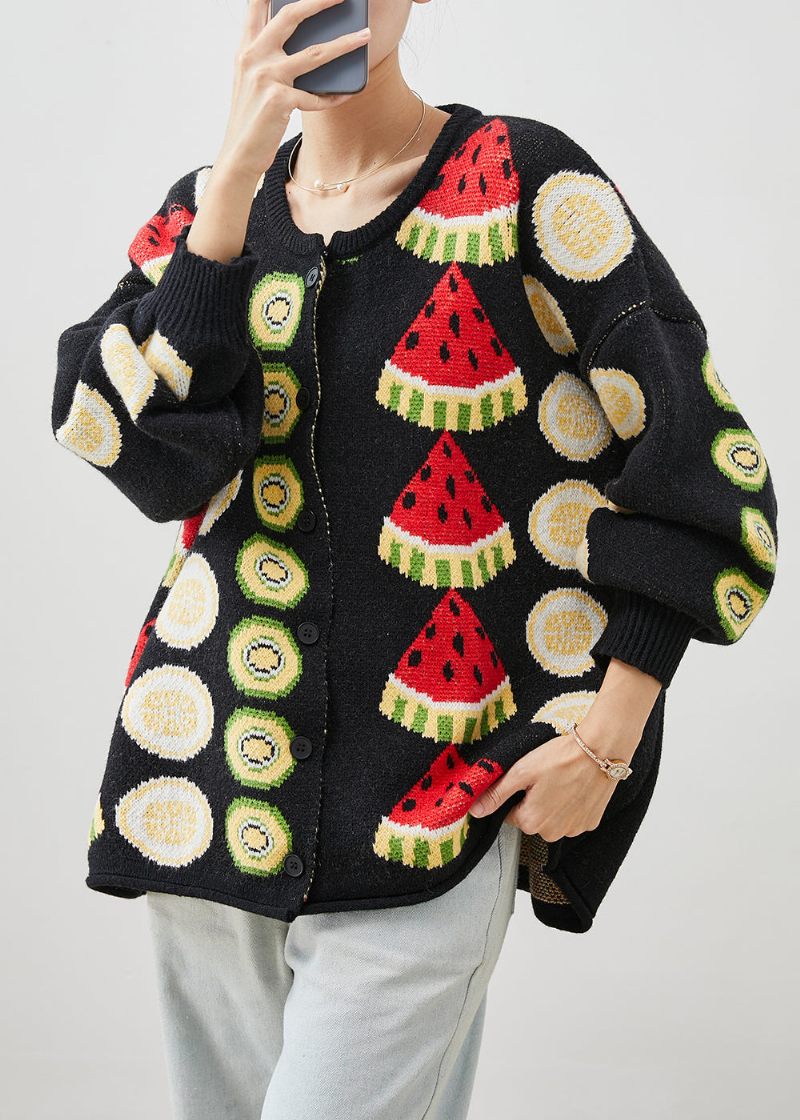 Kvinnor Svart Frukt Print Oversized Stickade Cardigans Vinter