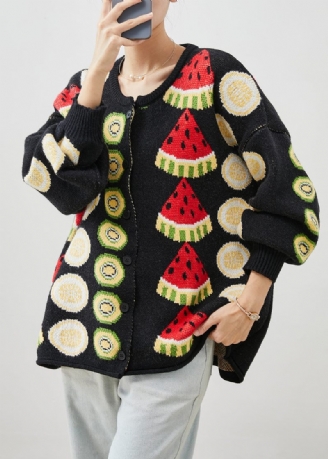 Kvinnor Svart Frukt Print Oversized Stickade Cardigans Vinter