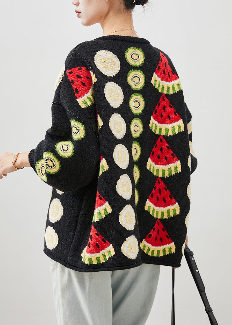 Kvinnor Svart Frukt Print Oversized Stickade Cardigans Vinter - Koftor för kvinnor