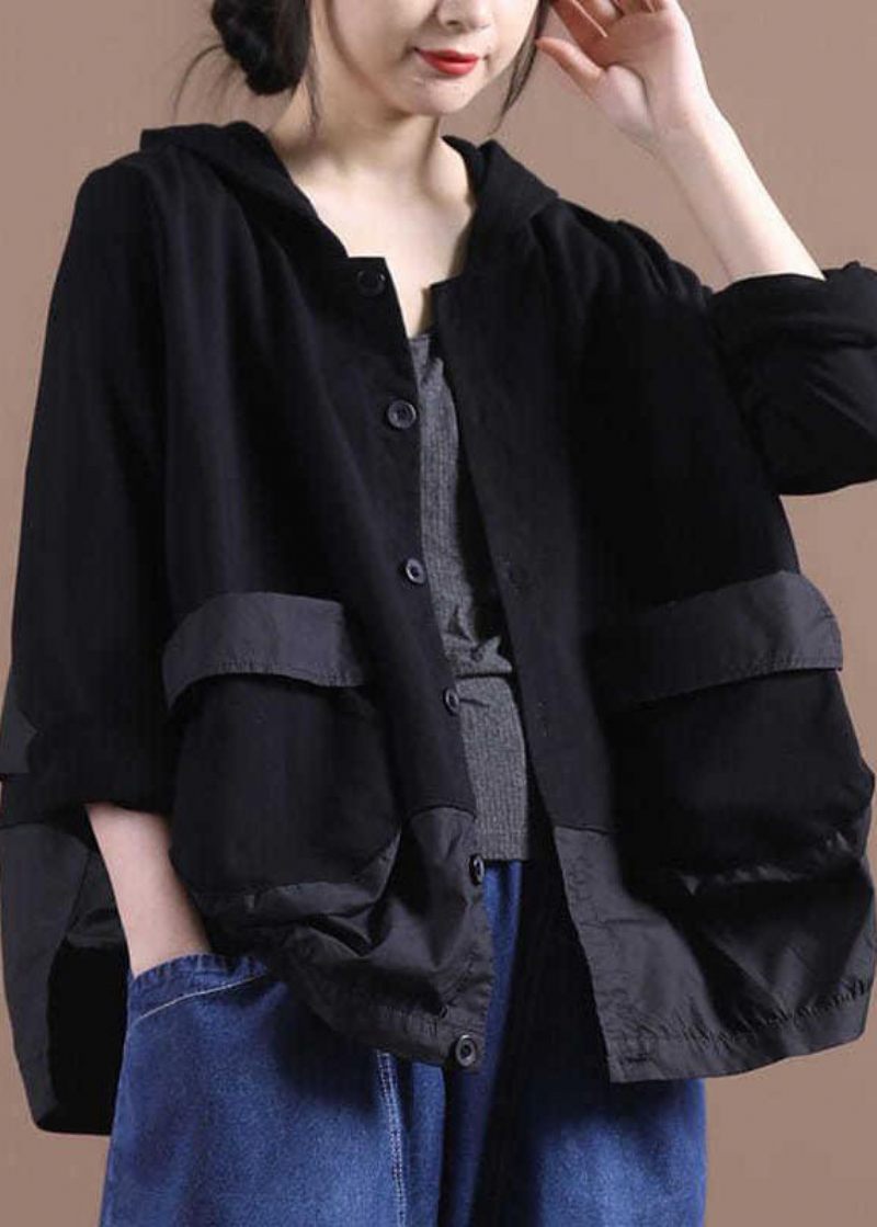 Kvinnor Svart Hooded Patchwork Cotton Spring Coat